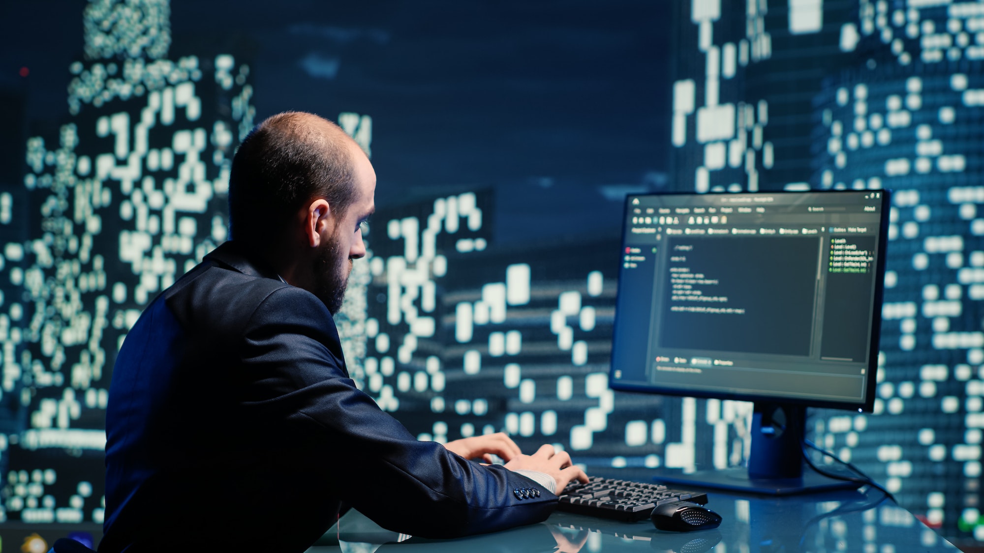 Male manager working on computer in skytower space