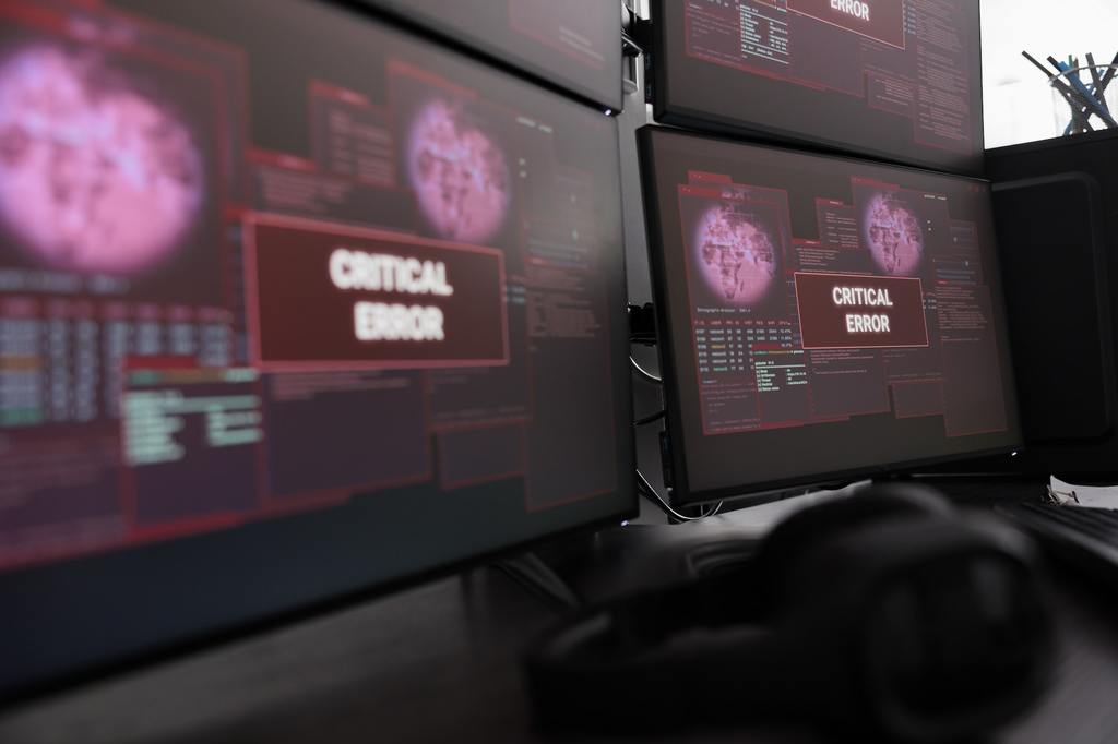 Close up of multiple monitors having critical error message on display